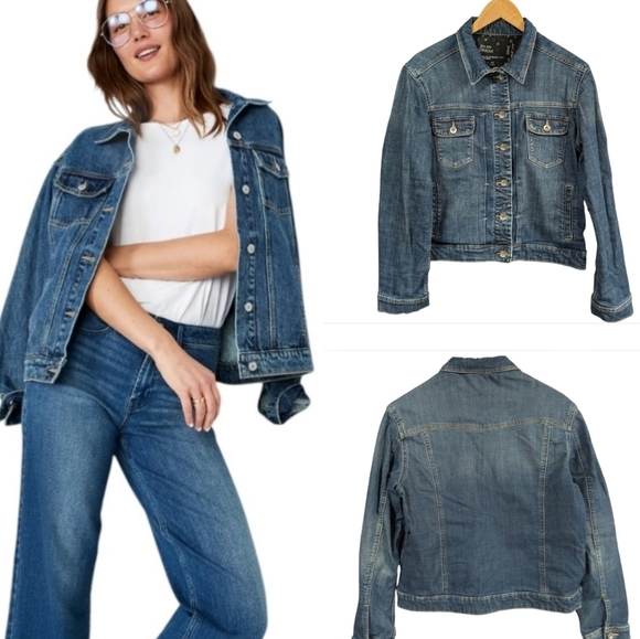 LEE PLATINUM Trucker Jacket Denim Blue Jean Fitted Cropped Stretch Medium - Picture 1 of 9